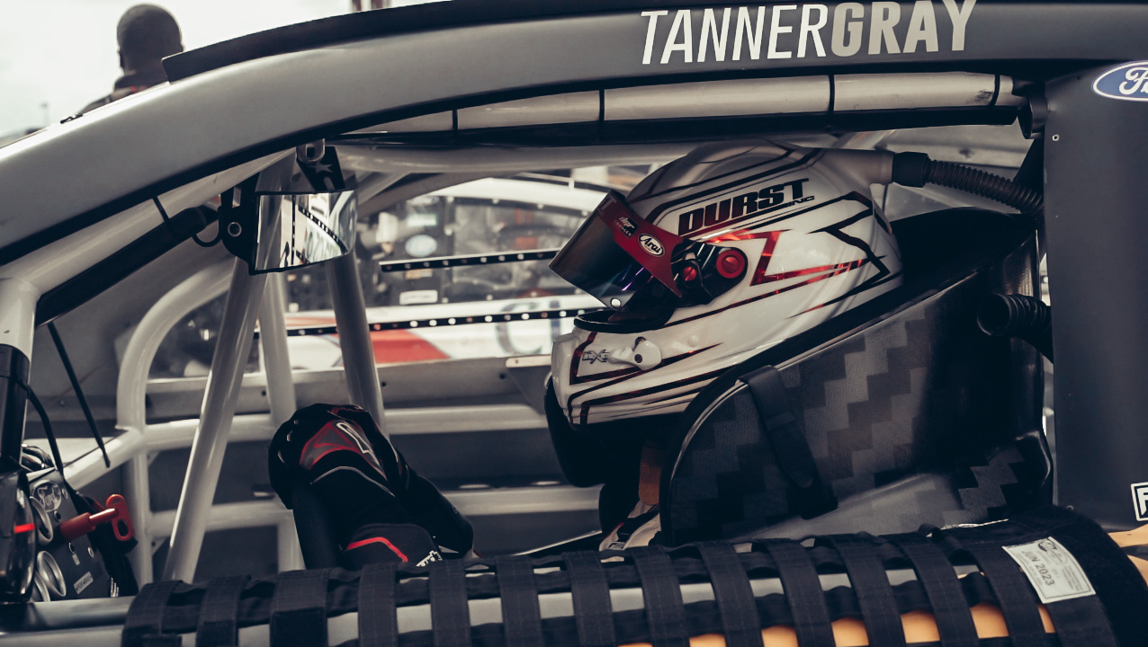 Tanner Gray preparing in the race truck